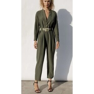ZARA Olive‎ Green Utility Jumpsuit Size M Button Front Lyocell Tapered Legs